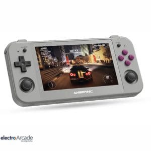 Portable Anbernic RG505 with 4.95" OLED touchscreen for Android gaming.