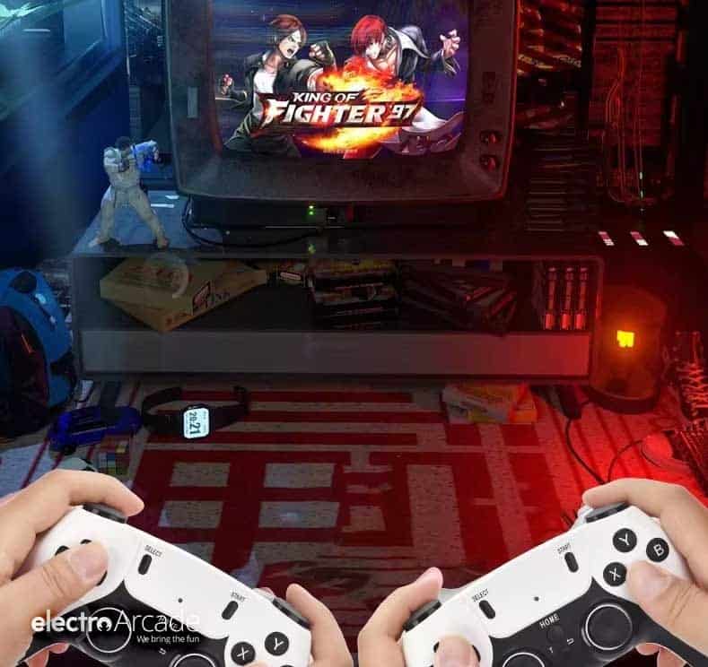 Super Console Retro Games Stick HDMI X3 4 Handheld controllers connected to a retro gaming console stick HDMI for arcade gaming.