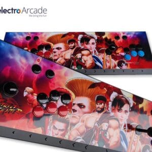 Retro arcade game console with colorful artwork, multiple buttons, and TV connectivity.