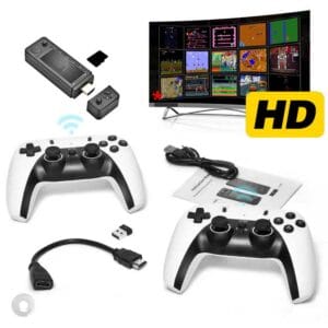 High-quality retro gaming console with controllers and HDMI display.