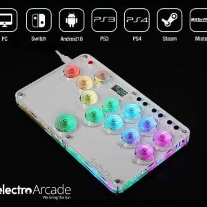 LED arcade fighting stick with colorful buttons for gaming and fighting games.