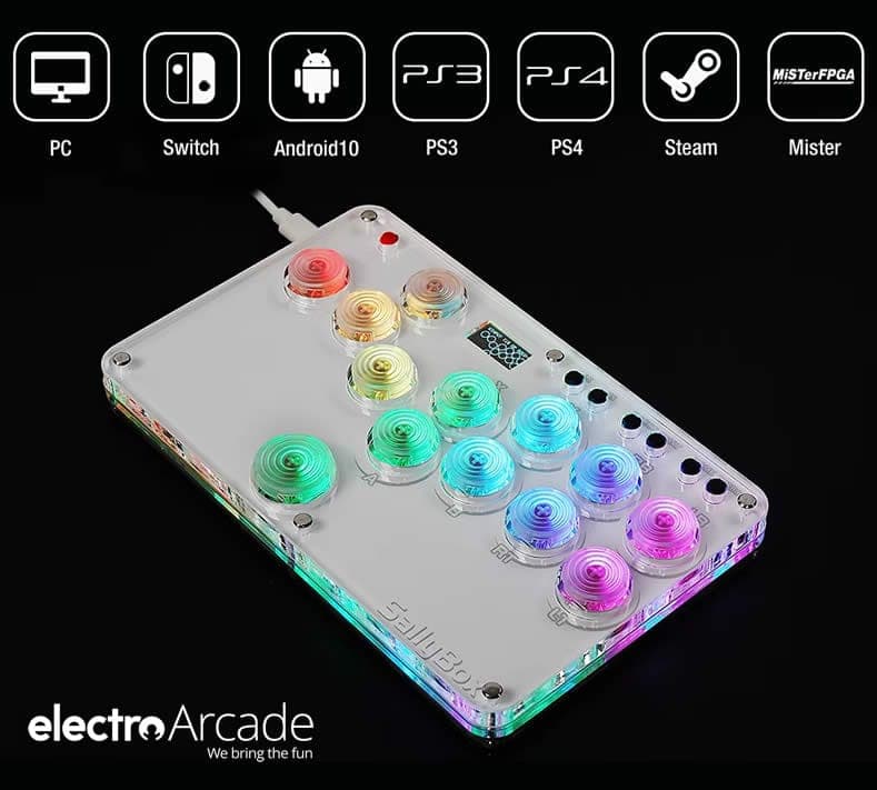 Hitbox Sallybox LED Arcade Fighting Stick WASD Controller 1 LED arcade fighting stick with colorful buttons for gaming and fighting games.