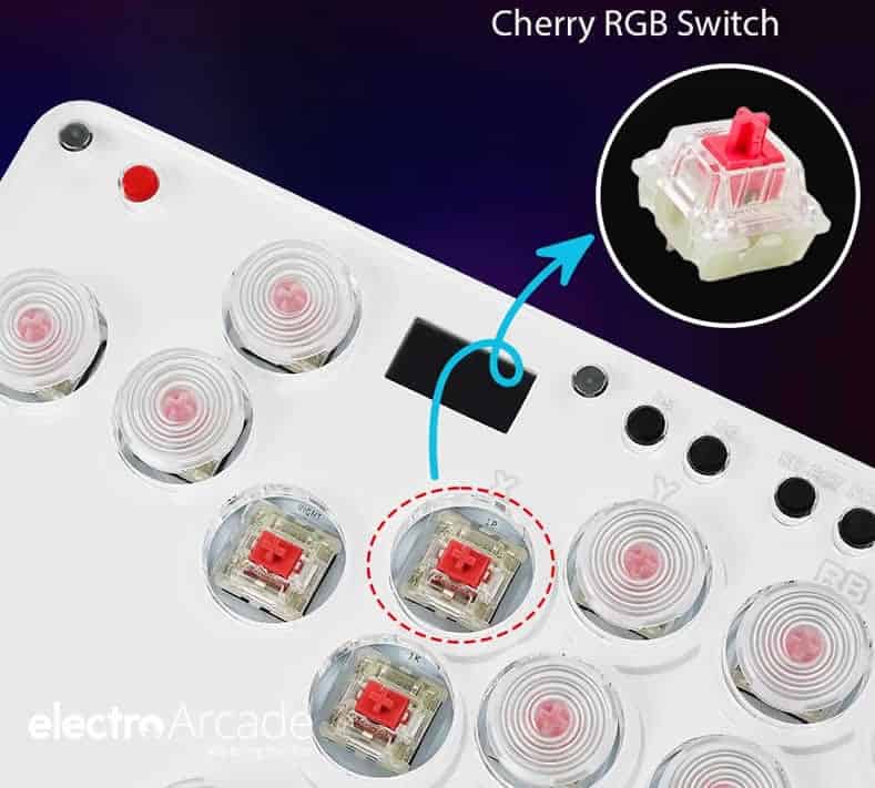 Hitbox Sallybox LED Arcade Fighting Stick WASD Controller 2 LED arcade fighting stick with Cherry RGB switch and transparent buttons.