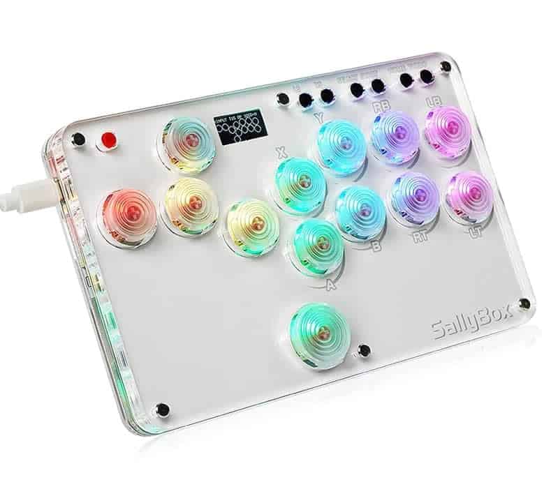 Hitbox Sallybox LED Arcade Fighting Stick WASD Controller 7 LED arcade fighting stick with colorful illuminated buttons for fighting games.