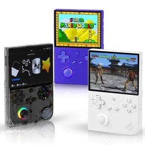 Handheld gaming device with colorful screens and classic game titles.