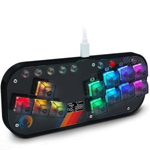 LED-lit fighting game controller with customizable buttons and compact design.