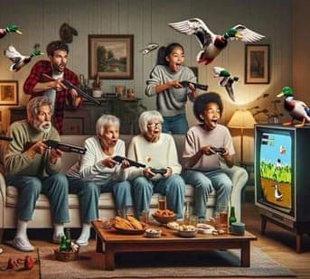 Group of seniors and children enjoying a classic Duck Hunt arcade game on a CRT television.