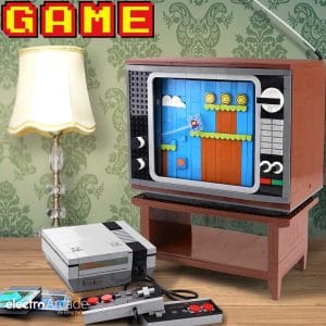 Detailed LEGO-style brickset of classic 80s arcade game on TV.
