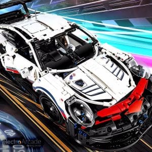 Detailed LEGO Porsche 911 RSR sports car brick model for display.