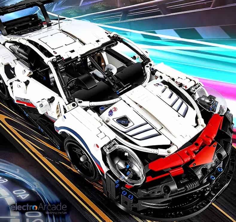 Porsche 911 RSR Sports Car 1580pcs brick set - Technique 1 Detailed LEGO Porsche 911 RSR sports car brick model for display.