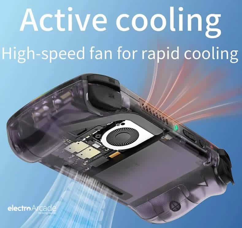Anbernic RG 406H 4" IPS touch screen Android handheld 6 Active cooling fan for handheld gaming device with high-speed airflow.