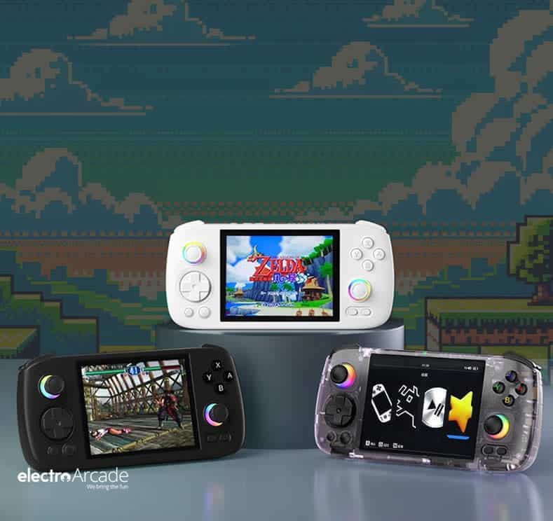 Anbernic RG 406H 4" IPS touch screen Android handheld 1 Handheld gaming consoles with colorful screens and game graphics.