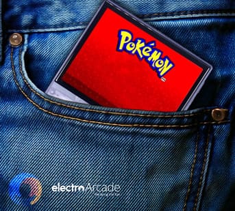 Close-up of a handheld gaming console with Pokémon on the screen in a pocket.