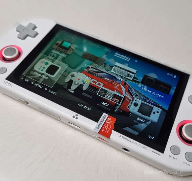 Trimui Smart Pro Crossmix Custom OS setup -upgrade card 5 High-resolution image of the Trimui Smart Pro handheld gaming console displaying Crossmix OS setup a.