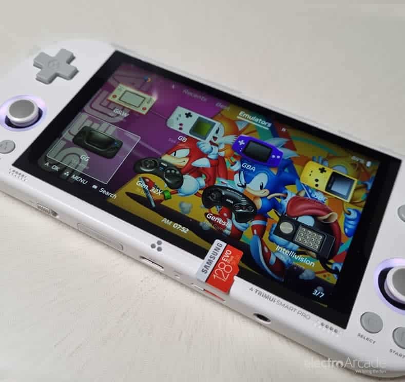 Trimui Smart Pro Crossmix Custom OS setup -upgrade card 3 Portable gaming console with Sonic and retro game controllers displayed.