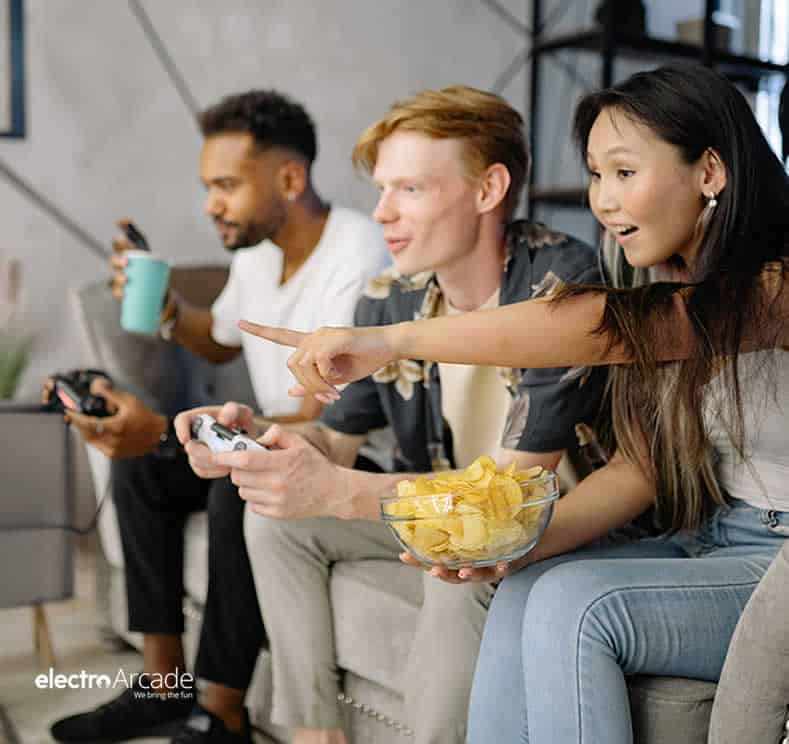 Super Console X3 Plus Retro Games console 5 Group of friends enjoying retro games on Super Console X3 Plus console.