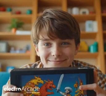 Young boy playing retro arcade game on tablet, nostalgic gaming, vintage gaming experience.