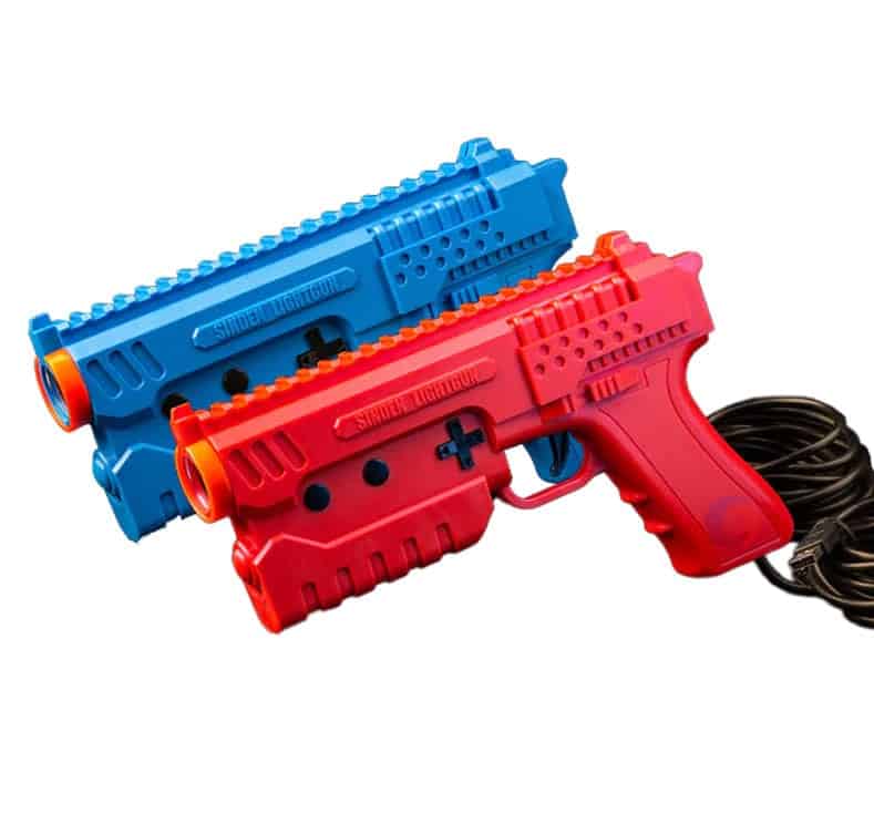 Sinden Light Gun 3 Red and blue Sinden Light Gun controllers for arcade and immersive gaming experiences.