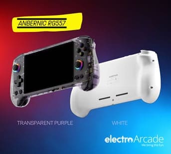 Anbernic RG 557 handheld gaming device with transparent purple and white options.