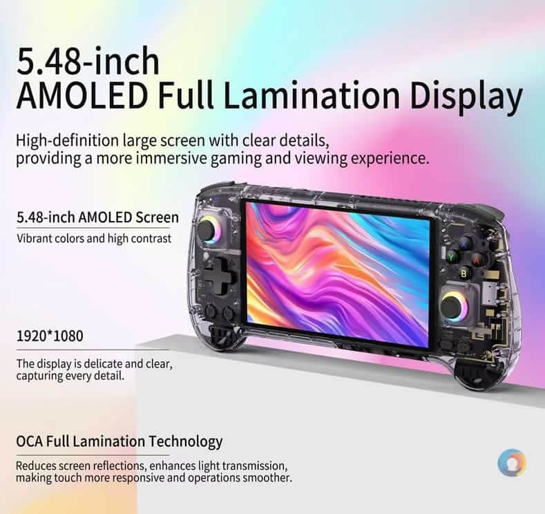 Anbernic RG557 5.48″ AMOLED AAA PS2 Wii handheld – console 3 High-quality 5.48" AMOLED gaming handheld with full lamination display.