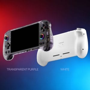 Handheld gaming console with transparent purple front and white back, ideal for retro gaming enthusi.
