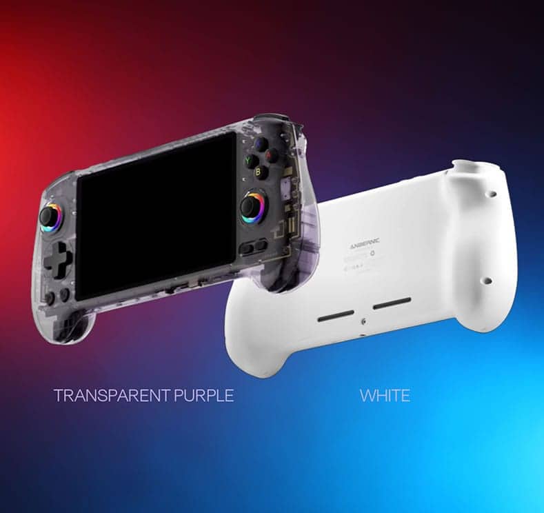 Anbernic RG557 5.48″ AMOLED AAA PS2 Wii handheld – console 1 Handheld gaming console with transparent purple front and white back, ideal for retro gaming enthusi.