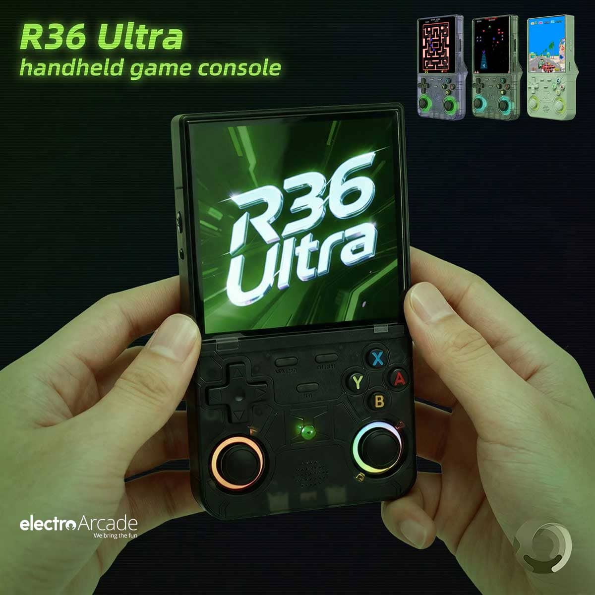 Portable R36 Ultra handheld gaming console with colorful game screens.