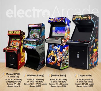 Collection of vintage and modern arcade game machines at Electro Arcade.