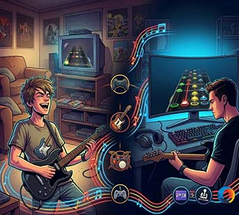 Young gamers playing Guitar Hero and Clone Hero on TV and PC with guitars and controllers.